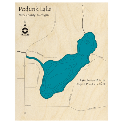 Bathymetric topo map of Podunk Lake, MI with roads, towns and depths noted in blue water.