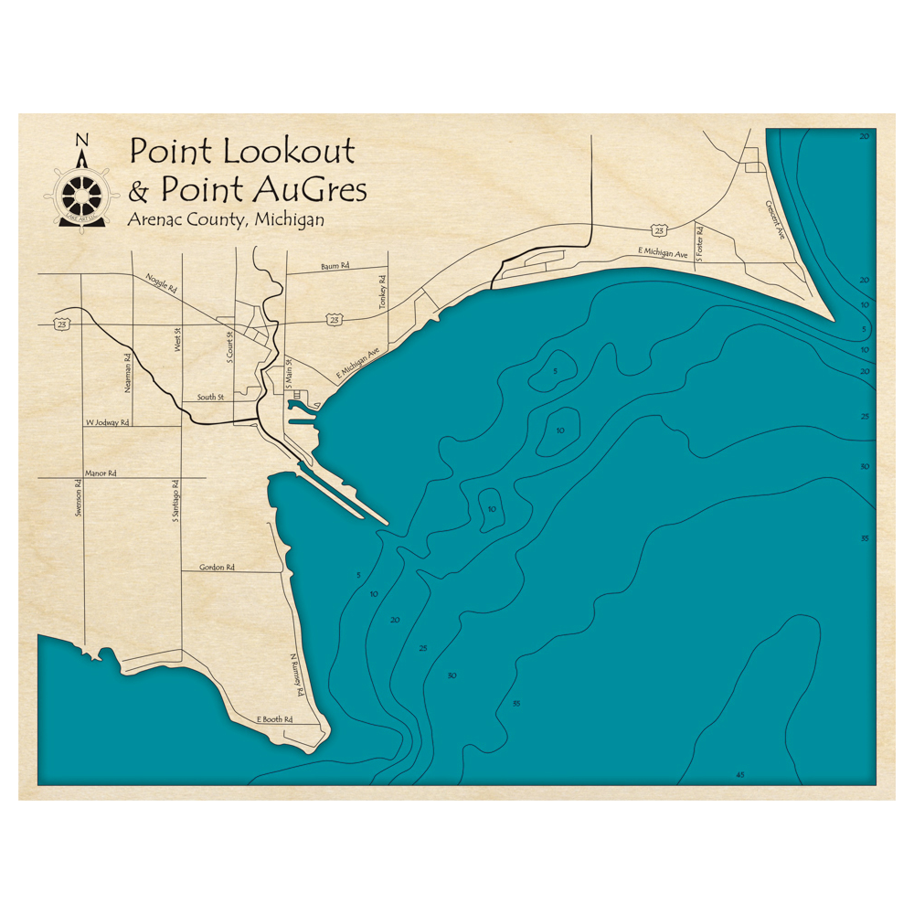 Bathymetric topo map of Point Lookout and Point AuGres, MI with roads, towns and depths noted in blue water.