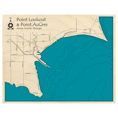 Bathymetric topo map of Point Lookout and Point AuGres, MI with roads, towns and depths noted in blue water.