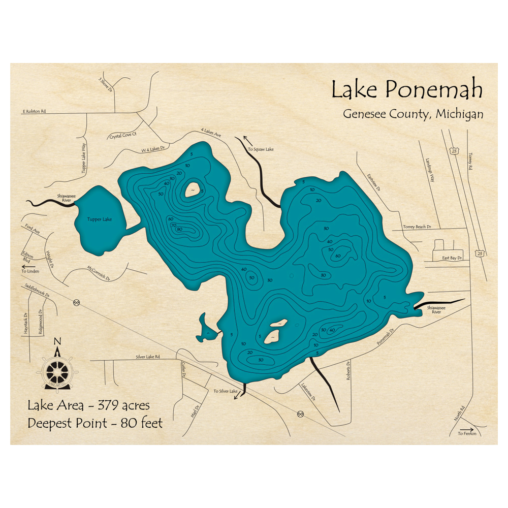 Bathymetric topo map of Lake Ponemah, MI with roads, towns and depths noted in blue water.