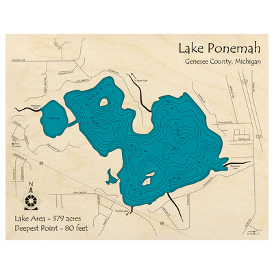 Bathymetric topo map of Lake Ponemah, MI with roads, towns and depths noted in blue water.