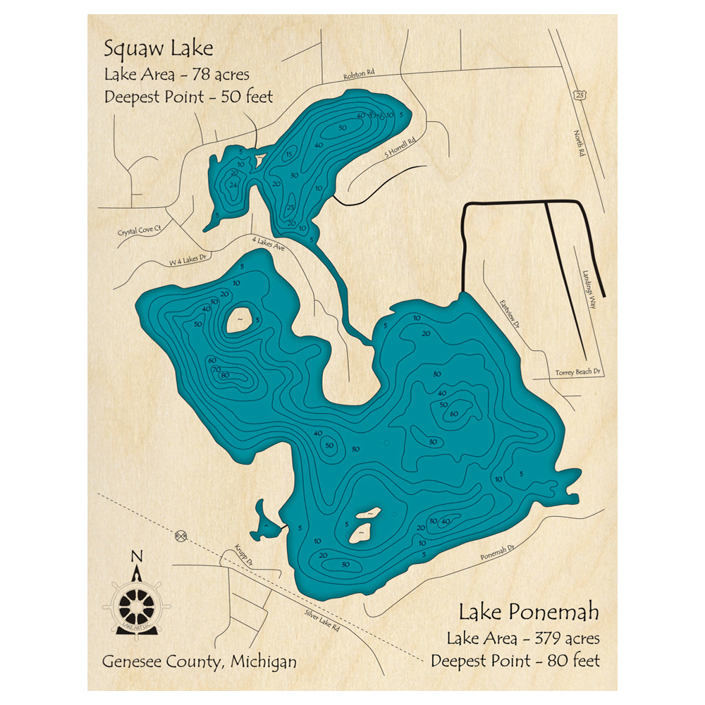 Bathymetric topo map of Lake Ponemah, MI with roads, towns and depths noted in blue water.