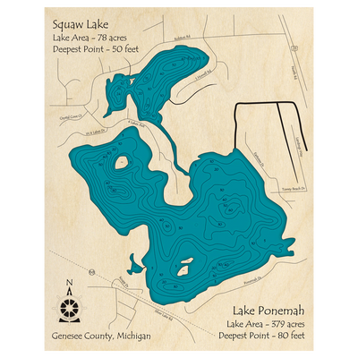 Bathymetric topo map of Lake Ponemah, MI with roads, towns and depths noted in blue water.