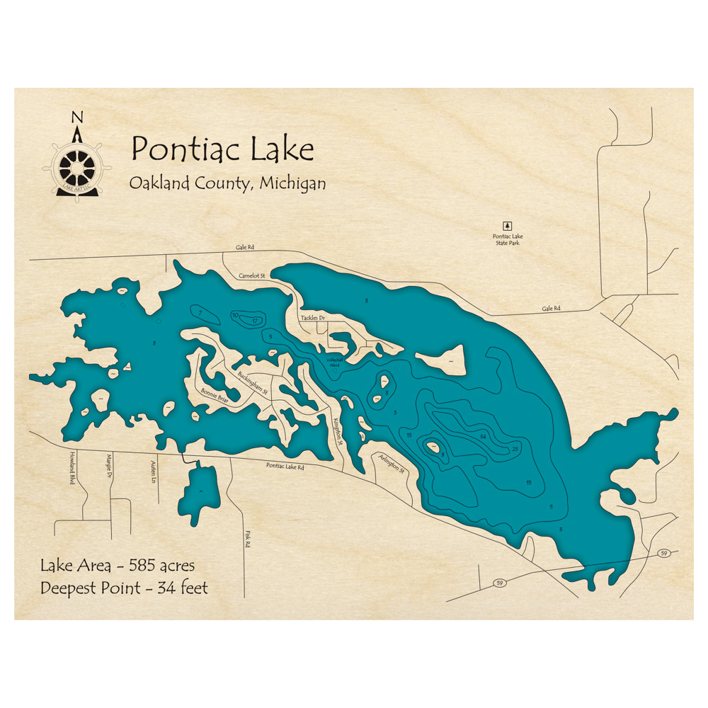 Bathymetric topo map of Pontiac Lake, MI with roads, towns and depths noted in blue water.