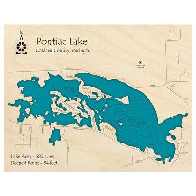 Bathymetric topo map of Pontiac Lake, MI with roads, towns and depths noted in blue water.
