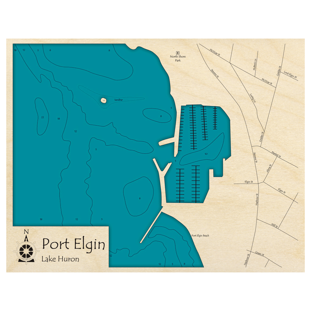 Bathymetric topo map of Port Elgin, MI with roads, towns and depths noted in blue water.