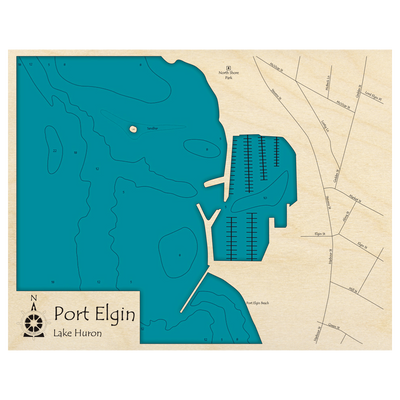 Bathymetric topo map of Port Elgin, MI with roads, towns and depths noted in blue water.