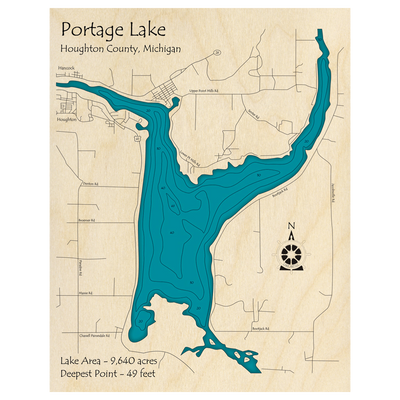 Bathymetric topo map of Portage Lake, MI with roads, towns and depths noted in blue water.