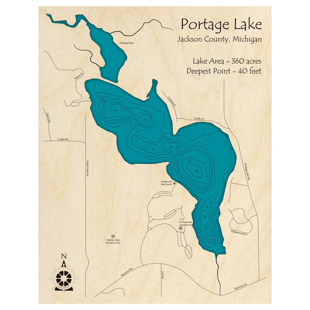 Bathymetric topo map of Portage Lake, MI with roads, towns and depths noted in blue water.