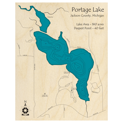 Bathymetric topo map of Portage Lake, MI with roads, towns and depths noted in blue water.