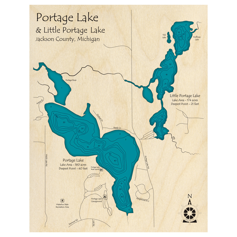 Bathymetric topo map of Portage & Little Portage Lakes, MI with roads, towns and depths noted in blue water.