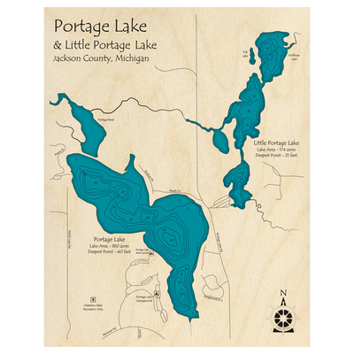 Bathymetric topo map of Portage & Little Portage Lakes, MI with roads, towns and depths noted in blue water.
