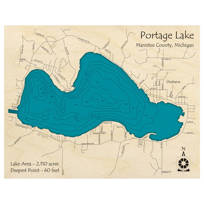Bathymetric topo map of Portage Lake, MI with roads, towns and depths noted in blue water.