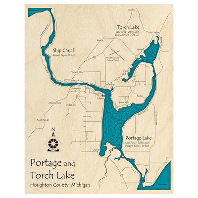 Bathymetric topo map of Portage Lake, MI with roads, towns and depths noted in blue water.