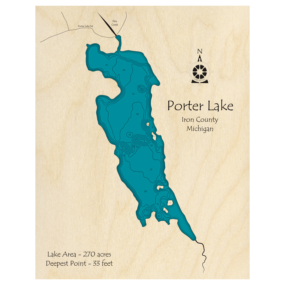 Bathymetric topo map of Porter Lake, MI with roads, towns and depths noted in blue water.