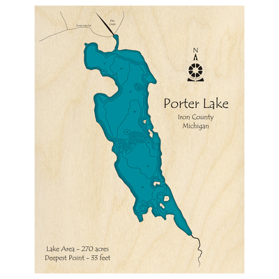 Bathymetric topo map of Porter Lake, MI with roads, towns and depths noted in blue water.