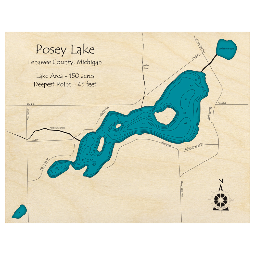 Bathymetric topo map of Posey Lake, MI with roads, towns and depths noted in blue water.