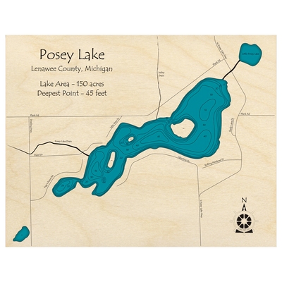 Bathymetric topo map of Posey Lake, MI with roads, towns and depths noted in blue water.