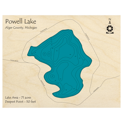 Bathymetric topo map of Powell Lake, MI with roads, towns and depths noted in blue water.