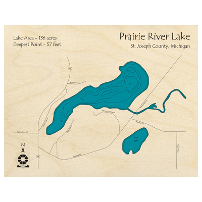 Bathymetric topo map of Prairie River Lake, MI with roads, towns and depths noted in blue water.