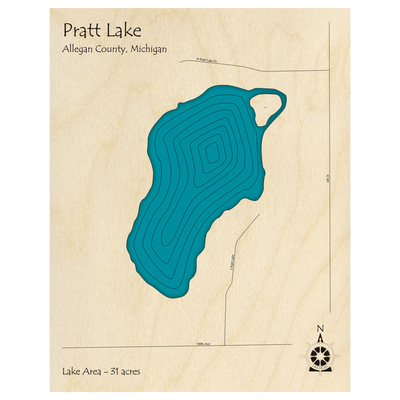 Bathymetric topo map of Pratt Lake, MI with roads, towns and depths noted in blue water.