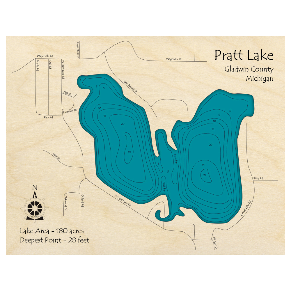 Bathymetric topo map of Pratt Lake, MI with roads, towns and depths noted in blue water.