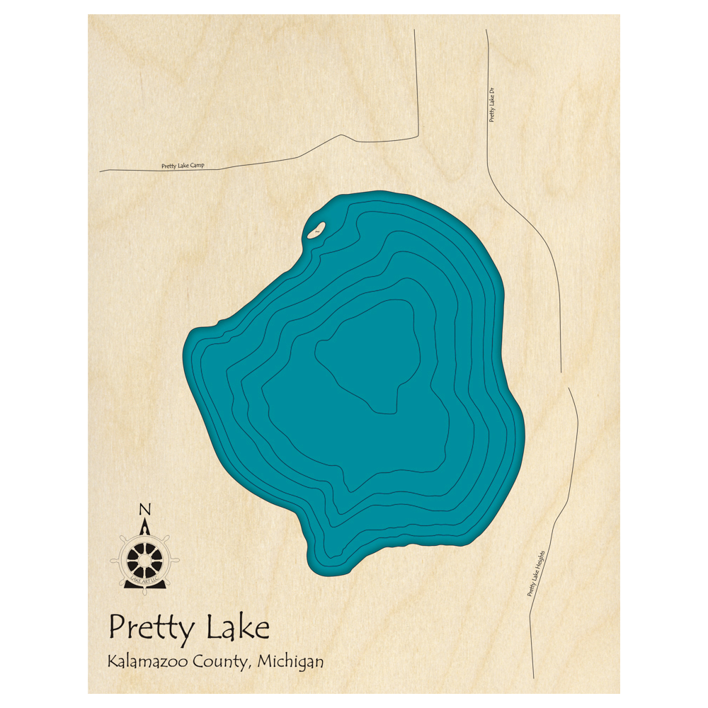 Bathymetric topo map of Pretty Lake, MI with roads, towns and depths noted in blue water.