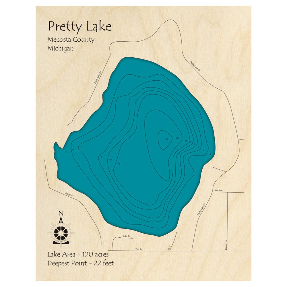 Bathymetric topo map of Pretty Lake, MI with roads, towns and depths noted in blue water.