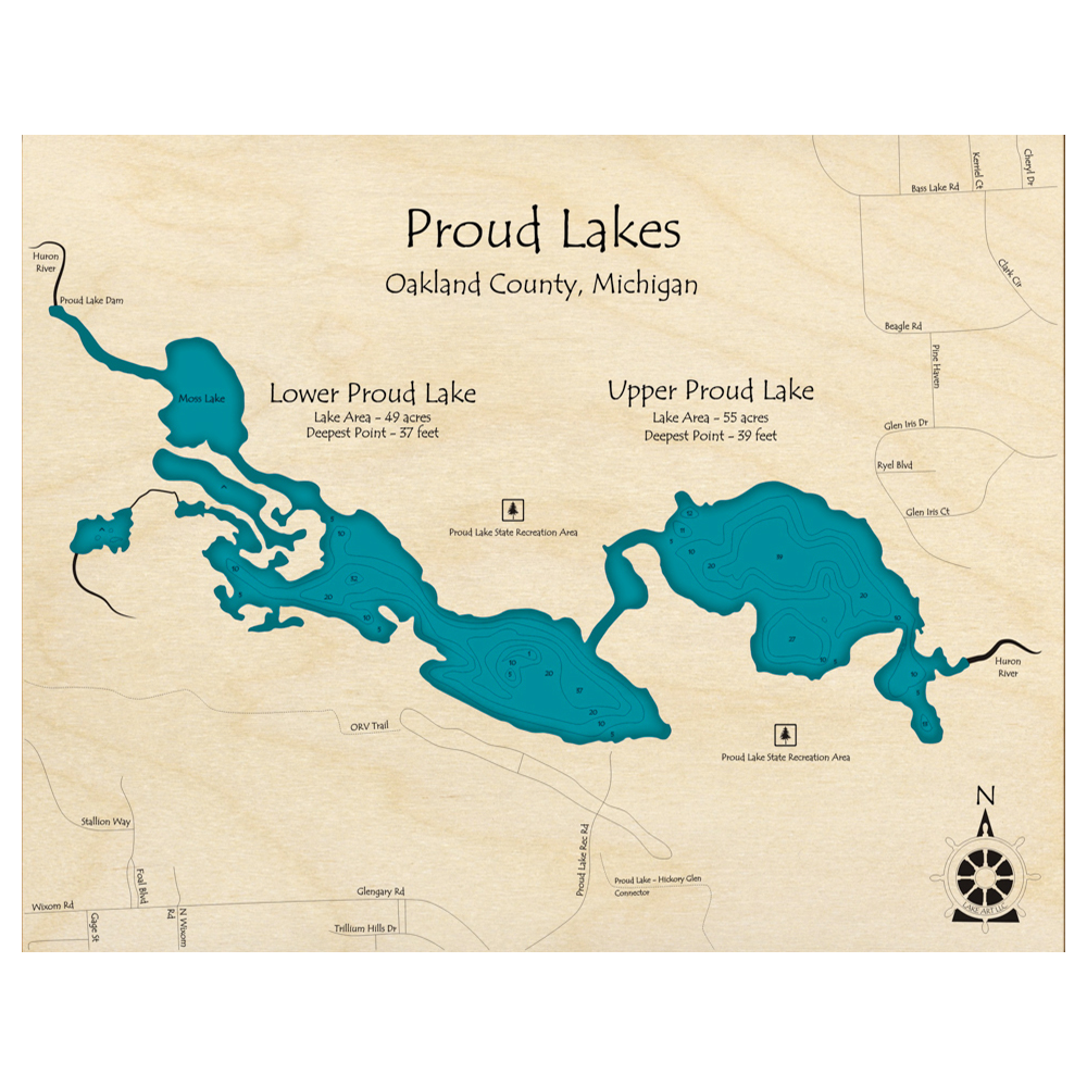Bathymetric topo map of Proud Lakes, MI with roads, towns and depths noted in blue water.