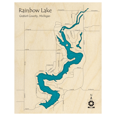 Bathymetric topo map of Rainbow Lake, MI with roads, towns and depths noted in blue water.