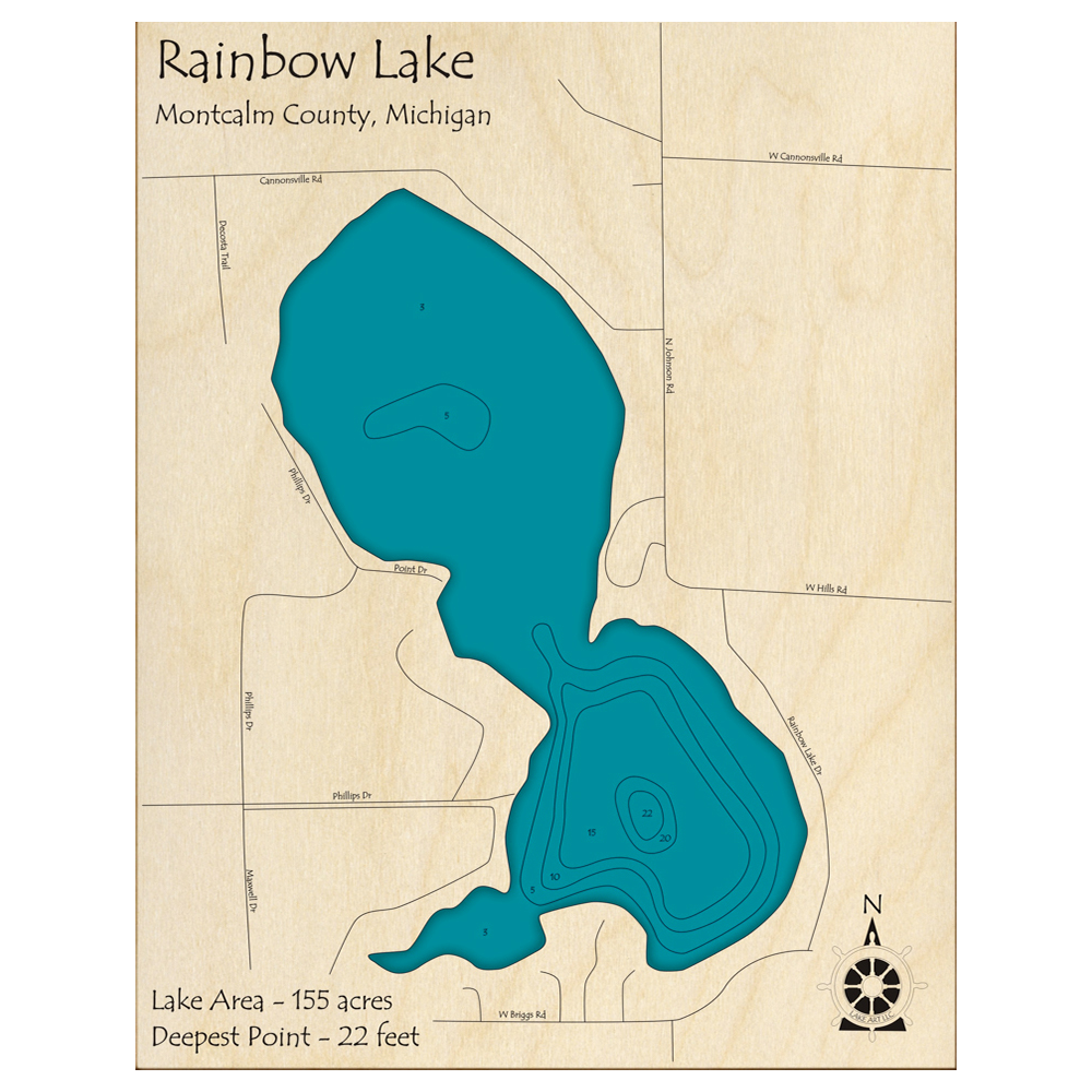 Bathymetric topo map of Rainbow Lake, MI with roads, towns and depths noted in blue water.