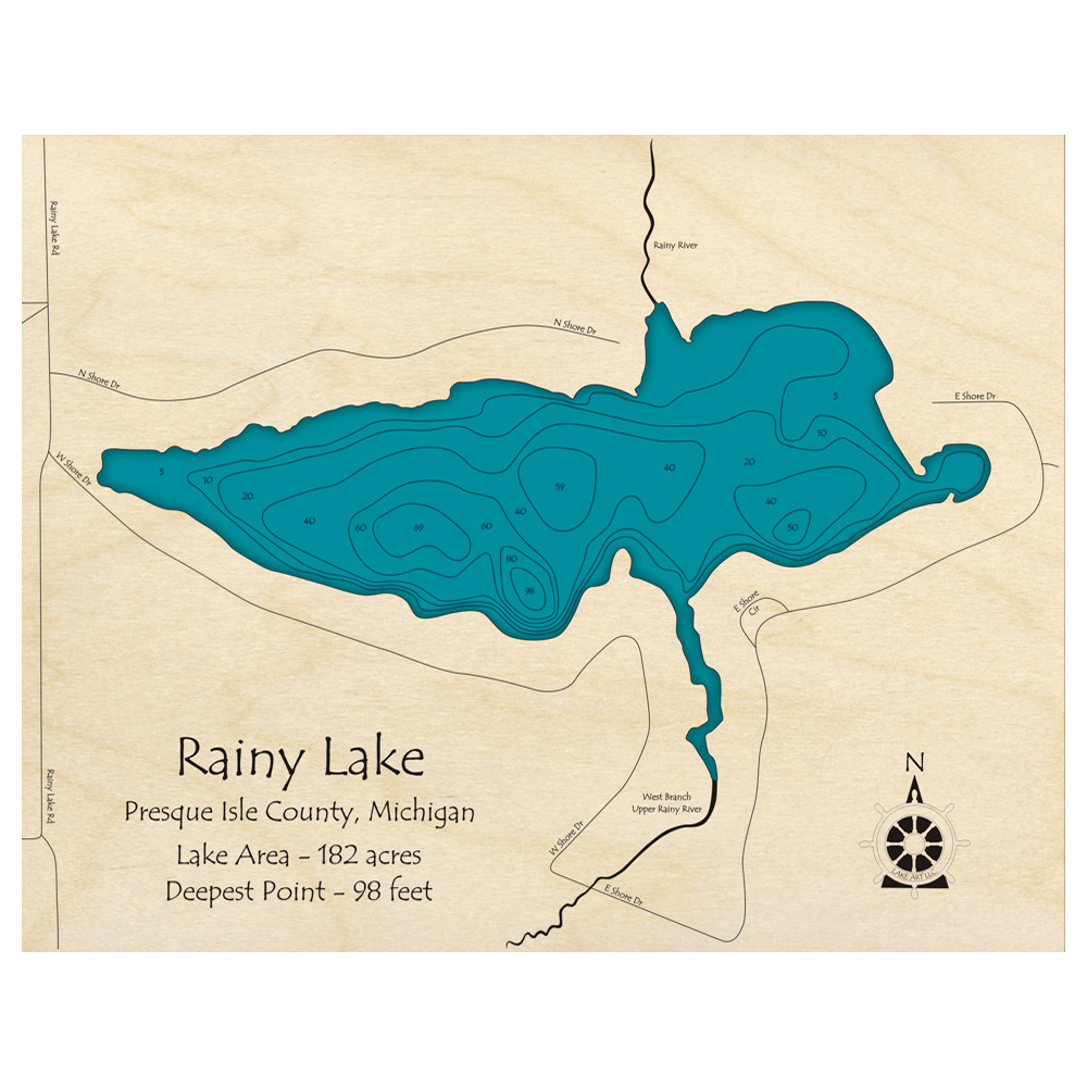 Bathymetric topo map of Rainy Lake, MI with roads, towns and depths noted in blue water.