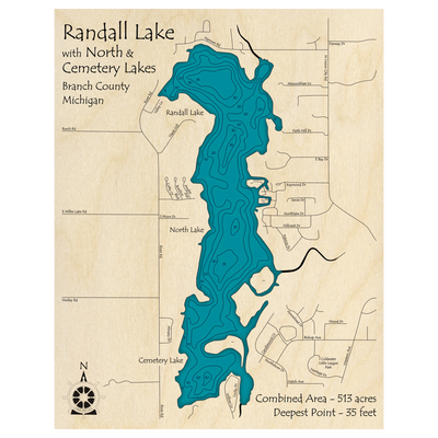 Bathymetric topo map of Randall Lake, MI with roads, towns and depths noted in blue water.