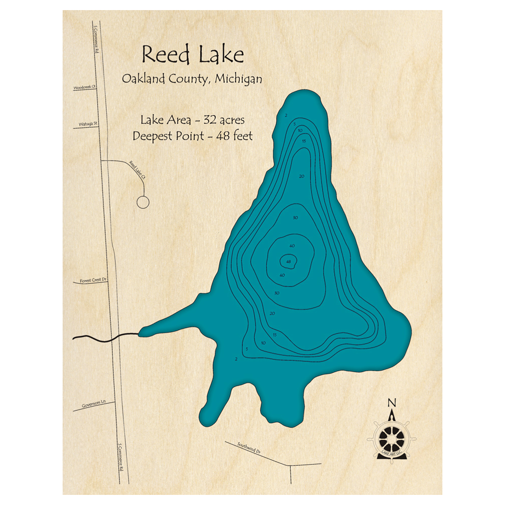 Bathymetric topo map of Reed Lake, MI with roads, towns and depths noted in blue water.