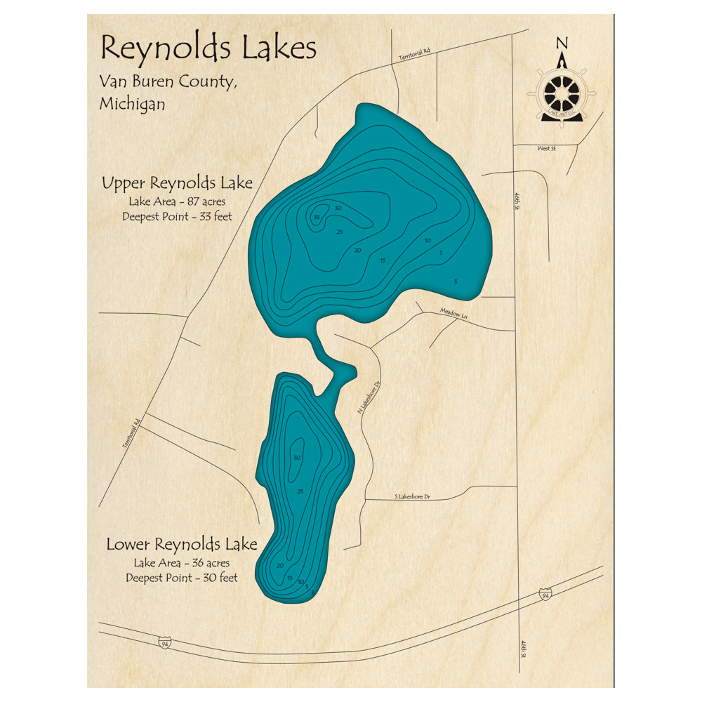 Bathymetric topo map of Reynolds Lakes, MI with roads, towns and depths noted in blue water.