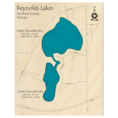 Bathymetric topo map of Reynolds Lakes, MI with roads, towns and depths noted in blue water.