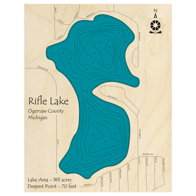 Bathymetric topo map of Rifle Lake, MI with roads, towns and depths noted in blue water.