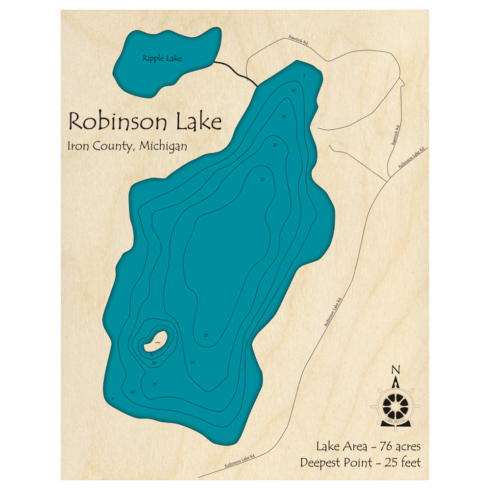 Bathymetric topo map of Robinson Lake, MI with roads, towns and depths noted in blue water.