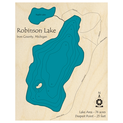 Bathymetric topo map of Robinson Lake, MI with roads, towns and depths noted in blue water.
