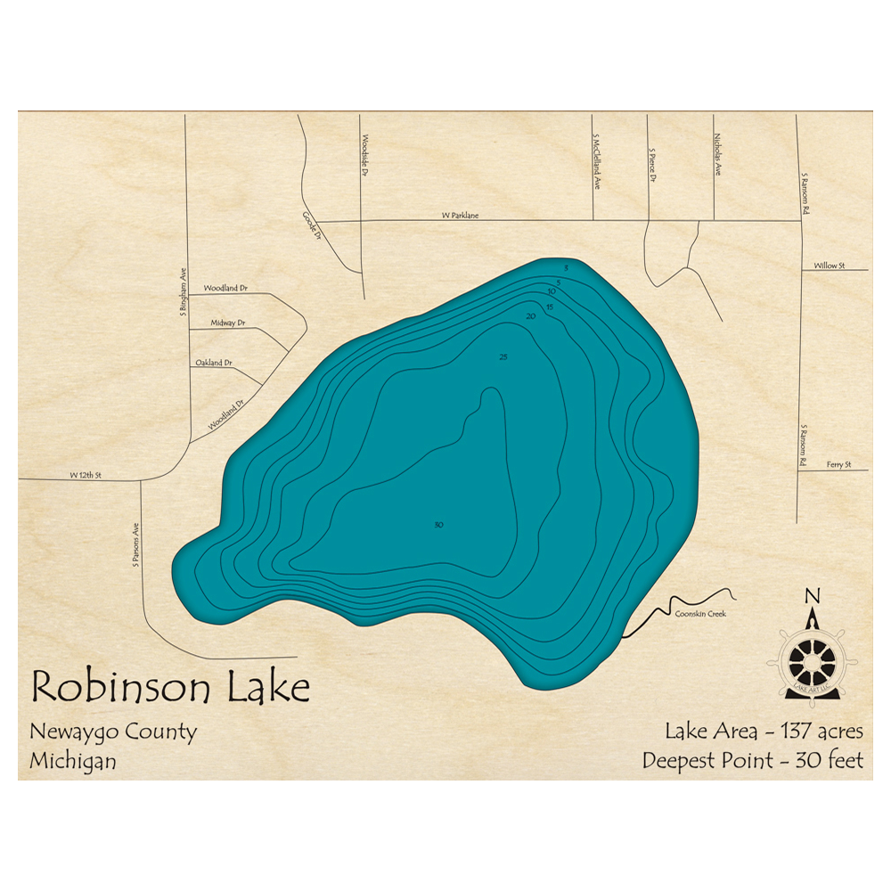 Bathymetric topo map of Robinson Lake, MI with roads, towns and depths noted in blue water.