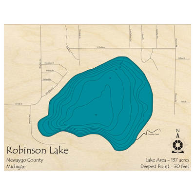 Bathymetric topo map of Robinson Lake, MI with roads, towns and depths noted in blue water.