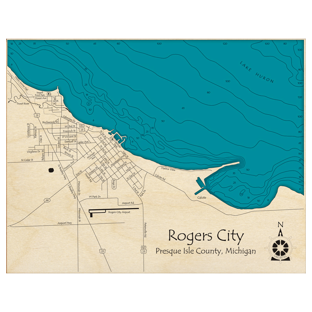 Bathymetric topo map of Rogers City, MI with roads, towns and depths noted in blue water.