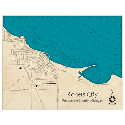 Bathymetric topo map of Rogers City, MI with roads, towns and depths noted in blue water.