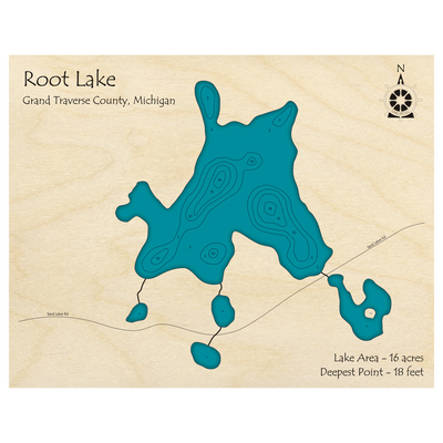 Bathymetric topo map of Root Lake, MI with roads, towns and depths noted in blue water.