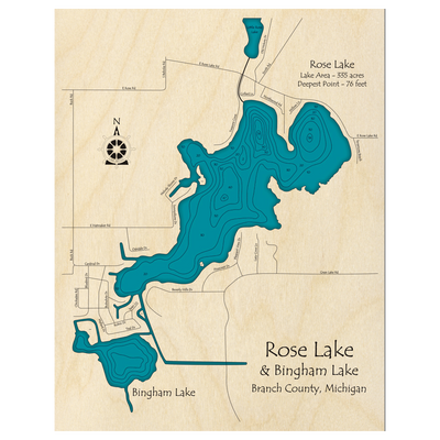 Bathymetric topo map of Rose Lake and Bingham Lake, MI with roads, towns and depths noted in blue water.