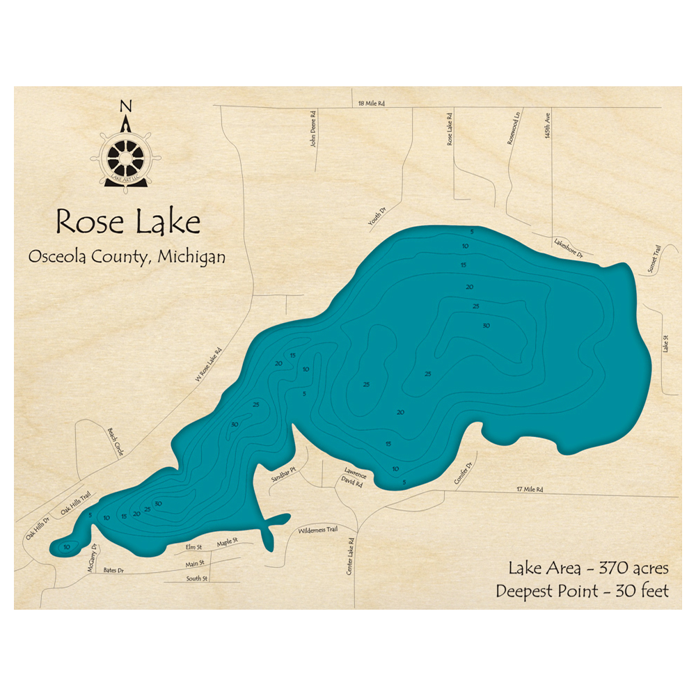 Bathymetric topo map of Rose Lake, MI with roads, towns and depths noted in blue water.