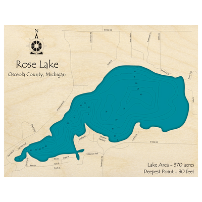 Bathymetric topo map of Rose Lake, MI with roads, towns and depths noted in blue water.