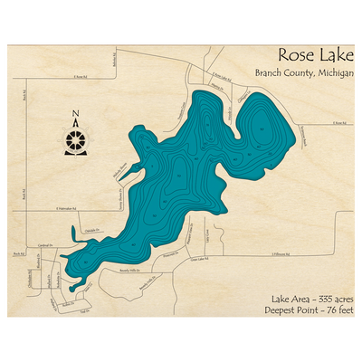 Bathymetric topo map of Rose Lake, MI with roads, towns and depths noted in blue water.