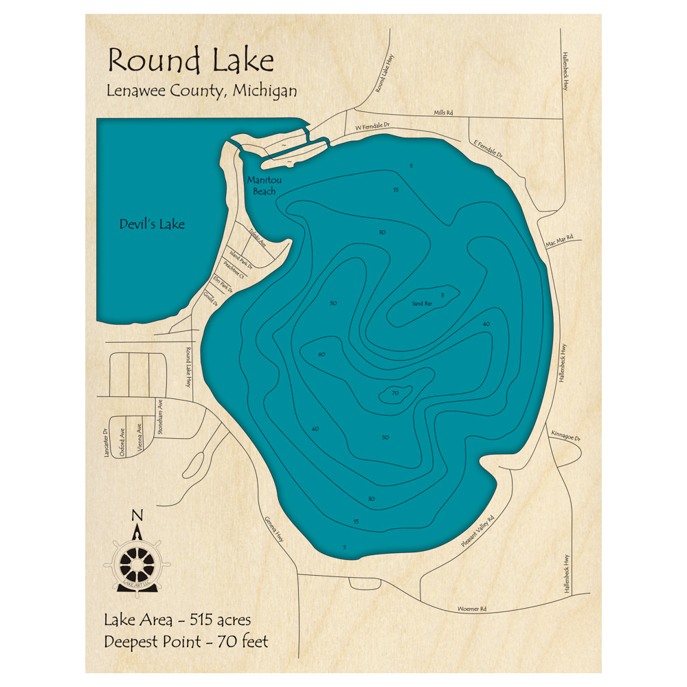 Bathymetric topo map of Round Lake, MI with roads, towns and depths noted in blue water.