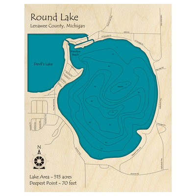 Bathymetric topo map of Round Lake, MI with roads, towns and depths noted in blue water.